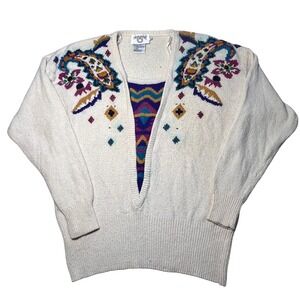 Cervelle Silk Angora Rabbit Hair Sweater Women M Paisley Embellished Vtg *Read